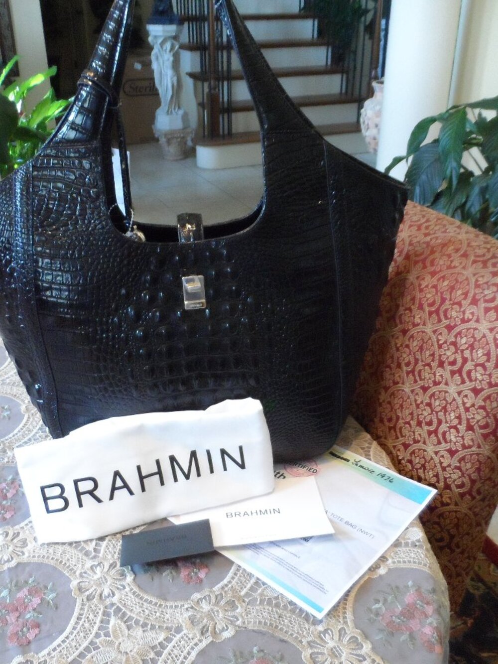 New Brahmin Black Patent Croc Embossed Iona Large Tote Bag - Picture 1 of 16
